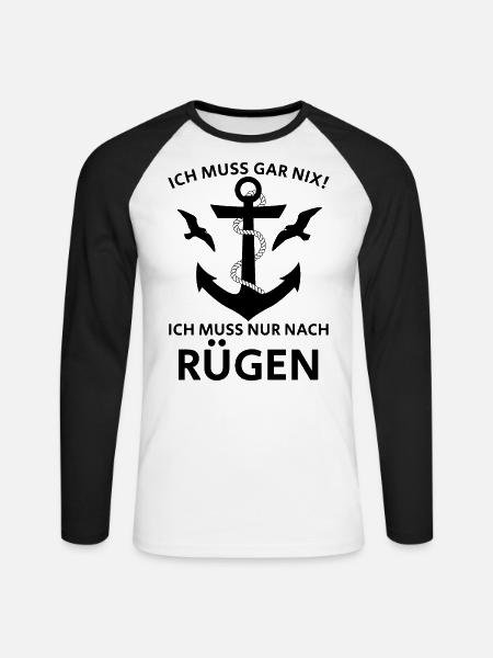 Rügen - ICH MUSS NUR NACH RÜGEN - Unisex Baseballshirt langarm - Weiß/Schwarz