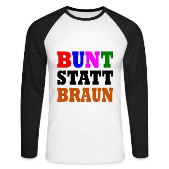 Bunt statt braun - Unisex Baseballshirt langarm - Weiß/Schwarz - Vorne - Nik (191cm)