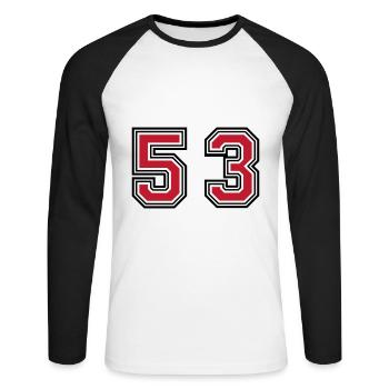 53 Zahl Symbol - Unisex Baseballshirt langarm - Weiß/Schwarz - Vorne - Nik (191cm)