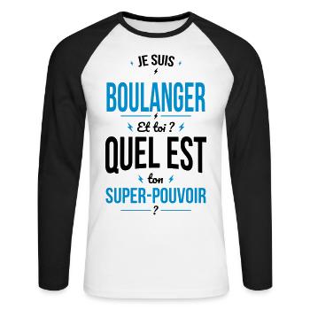 Super-pouvoir - Boulanger - T-shirt baseball manches longues Homme - blanc/noir - Devant - Nik (191cm)