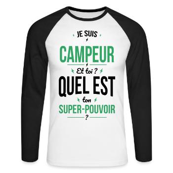 Je suis campeur - Super-pouvoir - T-shirt baseball manches longues Homme - blanc/noir - Devant - Nik (191cm)