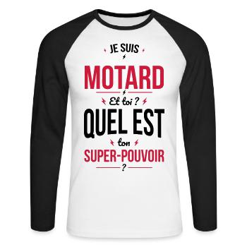 Je suis motard - Quel est ton super-pouvoir? - T-shirt baseball manches longues Homme - blanc/noir - Devant - Nik (191cm)