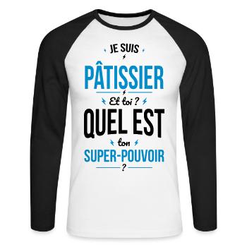 Je suis pâtissier - Super-pouvoir - T-shirt baseball manches longues Homme - blanc/noir - Devant - Nik (191cm)
