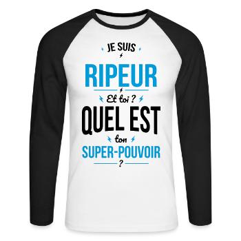 Je suis ripeur - Super-pouvoir - T-shirt baseball manches longues Homme - blanc/noir - Devant - Nik (191cm)