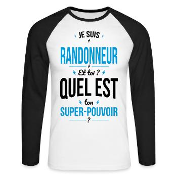Je suis randonneur -Super-pouvoir - T-shirt baseball manches longues Homme - blanc/noir - Devant - Nik (191cm)