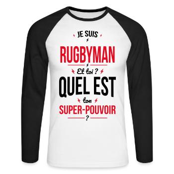 Je suis rugbyman - Super-pouvoir - T-shirt baseball manches longues Homme - blanc/noir - Devant - Nik (191cm)