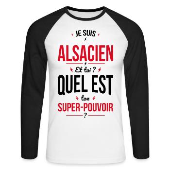 Je suis Alsacien - Super-pouvoir - Cadeau Humour - T-shirt baseball manches longues Homme - blanc/noir - Devant - Nik (191cm)