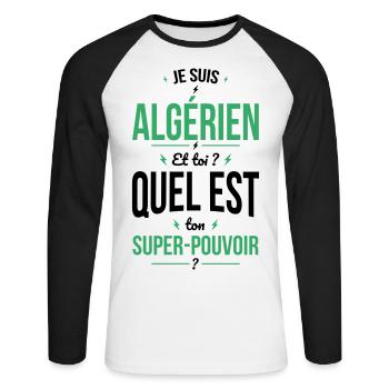 Je suis Algérien - Super-pouvoir - Cadeau Humour - T-shirt baseball manches longues Homme - blanc/noir - Devant - Nik (191cm)