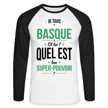 Je suis Basque - Super-pouvoir - Cadeau Humour - T-shirt baseball manches longues Homme - blanc/noir - Devant - Nik (191cm)
