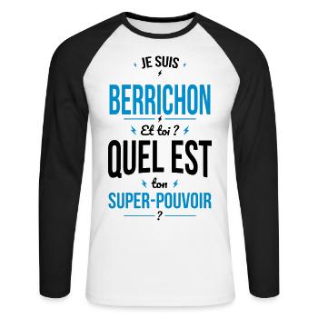 Je suis Berrichon - Super-pouvoir - Cadeau Humour - T-shirt baseball manches longues Homme - blanc/noir - Devant - Nik (191cm)