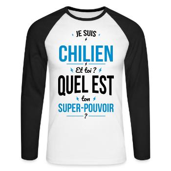 Je suis Chilien - Super-pouvoir - Cadeau Humour - T-shirt baseball manches longues Homme - blanc/noir - Devant - Nik (191cm)