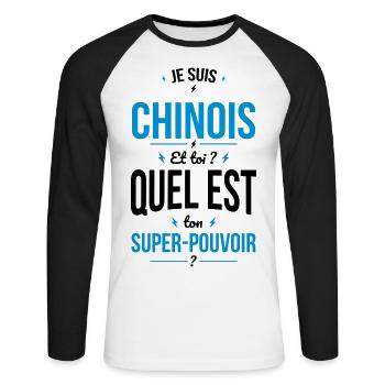 Je suis Chinois - Super-pouvoir - Cadeau Humour - T-shirt baseball manches longues Homme - blanc/noir - Devant - Nik (191cm)