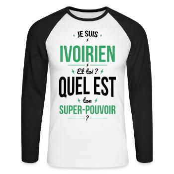 Je suis Ivoirien - Super-pouvoir - Cadeau Humour - T-shirt baseball manches longues Homme - blanc/noir - Devant - Nik (191cm)