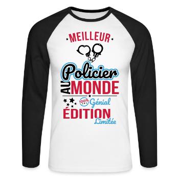 Meilleur Policier au monde - 100% génial - T-shirt baseball manches longues Homme - blanc/noir - Devant - Nik (191cm)