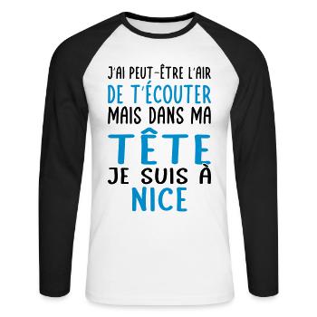 Dans ma tête je suis à Nice - Cadeau humour - T-shirt baseball manches longues Homme - blanc/noir - Devant - Nik (191cm)