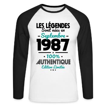 Anniversaire 35 ans - Légendes nées Septembre 1987 - T-shirt baseball manches longues Homme - blanc/noir - Devant - Nik (191cm)