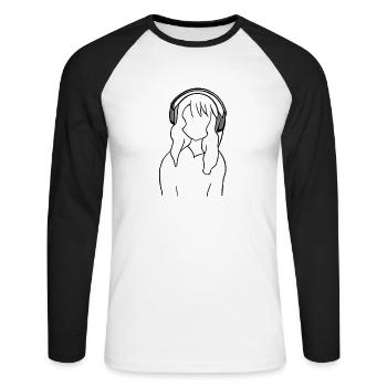 Anime Manga Fille Écouteurs Écouter de la musique - T-shirt baseball manches longues Homme - blanc/noir - Devant - Nik (191cm)