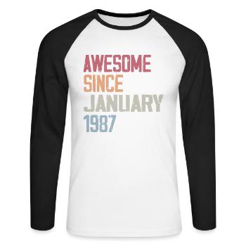 Anniversaire Janvier 1987 Rétro 1987 Janvier - T-shirt baseball manches longues Homme - blanc/noir - Devant - Nik (191cm)