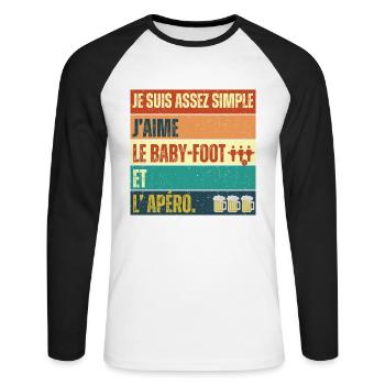 J' aime le baby-foot et l' apéro cadeau vintage - T-shirt baseball manches longues Homme - blanc/noir - Devant - Nik (191cm)