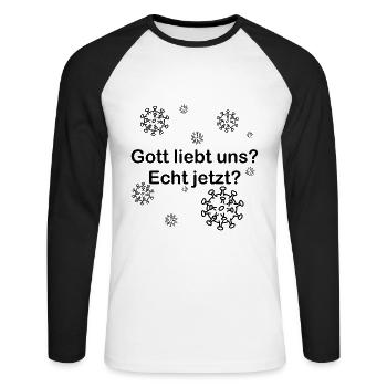 gott liebt uns corona schwarz - Unisex Baseballshirt langarm - Weiß/Schwarz - Vorne - Nik (191cm)