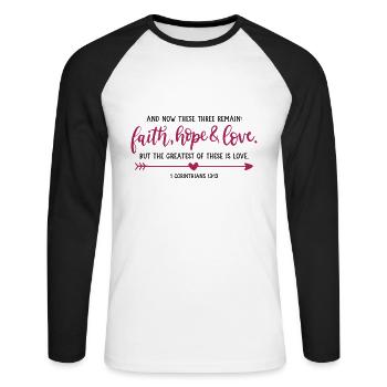 faith, hope & love - Unisex Baseballshirt langarm - Weiß/Schwarz - Vorne - Nik (191cm)