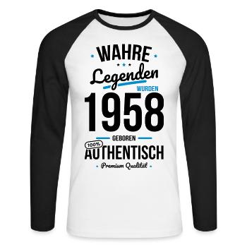 65. Geburtstag - Legenden wurden 1958 - Unisex Baseballshirt langarm - Weiß/Schwarz - Vorne - Nik (191cm)