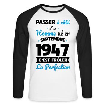 Anniversaire 75 ans - Né en Septembre 1947 - T-shirt baseball manches longues Homme - blanc/noir - Devant - Nik (191cm)