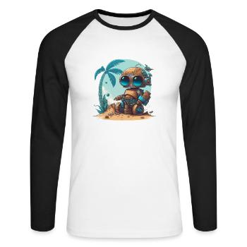 Un petit robot sur la plage sous un palmier - T-shirt baseball manches longues Homme - blanc/noir - Devant - Nik (191cm)