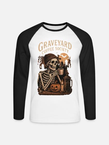 Graveyard Coffee Society – Halloween Skeleton - Unisex Baseballshirt langarm - Weiß/Schwarz