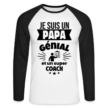 Papa génial & coach – idée fête des pères - T-shirt baseball manches longues Homme - blanc/noir - Devant - Nik (191cm)