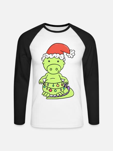 Süßer Weihnachtsdrache mit Lichterkette - Unisex Baseballshirt langarm - Weiß/Schwarz