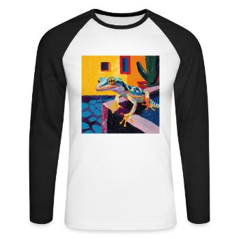 gecko, echsen, bunt, tier, geschenk, geschenkidee - Unisex Baseballshirt langarm - Weiß/Schwarz - Vorne - Nik (191cm)