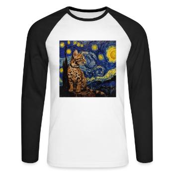 Ozelot, luchs, van gogh, sternennacht - Unisex Baseballshirt langarm - Weiß/Schwarz - Vorne - Nik (191cm)