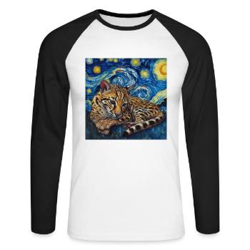 Ozelot, luchs, van gogh, sternennacht - Unisex Baseballshirt langarm - Weiß/Schwarz - Vorne - Nik (191cm)