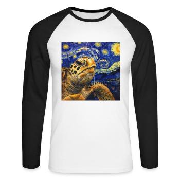 schildkröte, van gogh, sternennacht - Unisex Baseballshirt langarm - Weiß/Schwarz - Vorne - Nik (191cm)