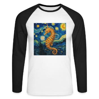 seepferd, seepferdchen van gogh, sternennacht - Unisex Baseballshirt langarm - Weiß/Schwarz - Vorne - Nik (191cm)