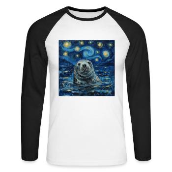 Seal, Sea Lion, Van Gogh, Starry Night - Unisex Long Sleeve Baseball T-Shirt - white/black - Front - Nik (191cm)