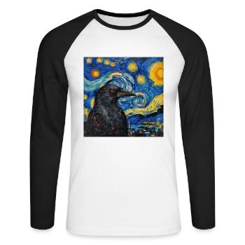 Corbeau, Oiseau, Van Gogh, Nuit étoilée - T-shirt baseball manches longues Homme - blanc/noir - Devant - Nik (191cm)