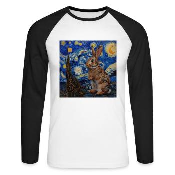 Lièvre, Lapin, Van Gogh, Nuit étoilée - T-shirt baseball manches longues Homme - blanc/noir - Devant - Nik (191cm)