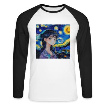 anime, anime mädchen, otaku, waifu, van gogh - Unisex Baseballshirt langarm - Weiß/Schwarz - Vorne - Nik (191cm)
