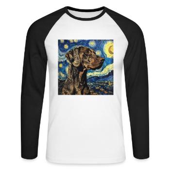 Braque allemand à poil court, chien, Van Gogh, Nuit étoilée - T-shirt baseball manches longues Homme - blanc/noir - Devant - Nik (191cm)
