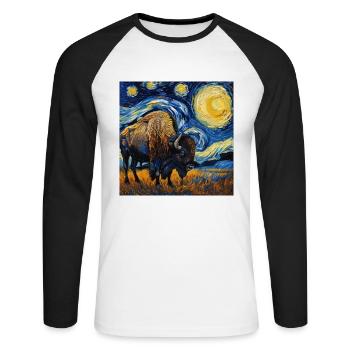 Bison, Buffalo, Animal, Van Gogh, Starry Night - Unisex Long Sleeve Baseball T-Shirt - white/black - Front - Nik (191cm)
