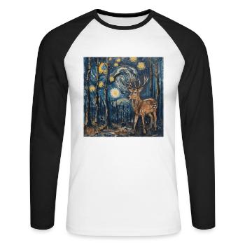 Cerf, Van Gogh, nuit étoilée, cadeau - T-shirt baseball manches longues Homme - blanc/noir - Devant - Nik (191cm)