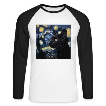 Black Cat, Cats, Van Gogh, Starry Night - Unisex Long Sleeve Baseball T-Shirt - white/black - Front - Nik (191cm)