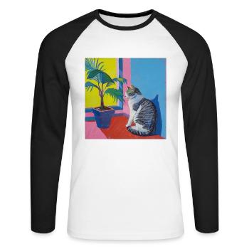 Katze, katzenmotiv, popart, geschenk, geschenkidee - Unisex Baseballshirt langarm - Weiß/Schwarz - Vorne - Nik (191cm)