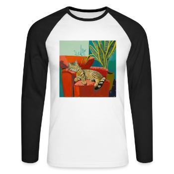 Katze, katzenmotiv, popart, geschenk, geschenkidee - Unisex Baseballshirt langarm - Weiß/Schwarz - Vorne - Nik (191cm)
