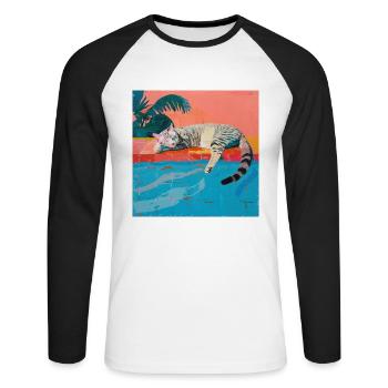 Katze, katzenmotiv, popart, geschenk, geschenkidee - Unisex Baseballshirt langarm - Weiß/Schwarz - Vorne - Nik (191cm)