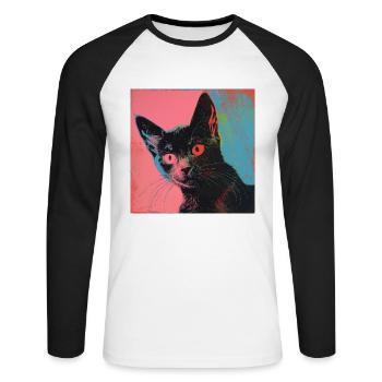 Katze, katzenmotiv, popart, geschenk, geschenkidee - Unisex Baseballshirt langarm - Weiß/Schwarz - Vorne - Nik (191cm)