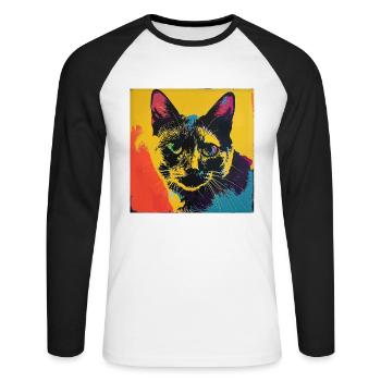 Katze, katzenmotiv, popart, geschenk, geschenkidee - Unisex Baseballshirt langarm - Weiß/Schwarz - Vorne - Nik (191cm)