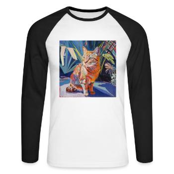 Katze, katzenmotiv, popart, geschenk, geschenkidee - Unisex Baseballshirt langarm - Weiß/Schwarz - Vorne - Nik (191cm)